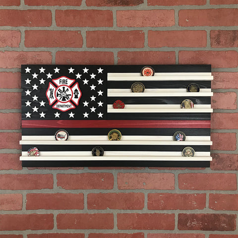 3D Wood Thin Red Line American Flag Challenge Coin Display